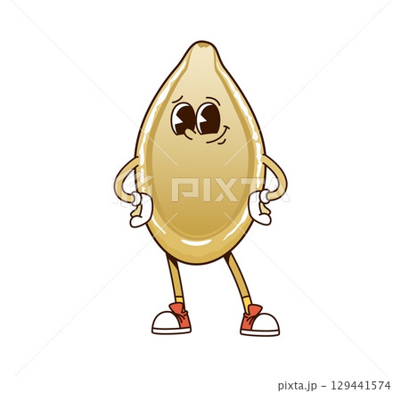 Cartoon groovy pumpkin seed and nut character happily smiling with hands on hip confident gesture, exuding happiness and healthy y2k vibe. Isolated vector retro food personage promotes natural eating 129441574