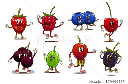 Cartoon groovy berry characters set. Funny vector strawberry, raspberry, cherry, blueberry, currant, gooseberry, rosehip and blackberry Retro fruit personages with happy comic emotions and y2k vibe 129441585