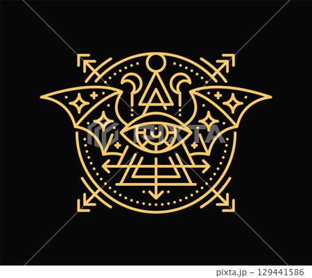 Esoteric line symbol, mystic boho tattoo. Vector mystical linear all seeing eye surrounded by arrows, moons, stars and bat wings. Golden outline symbolic, spiritual alchemy amulet, occult talisman 129441586