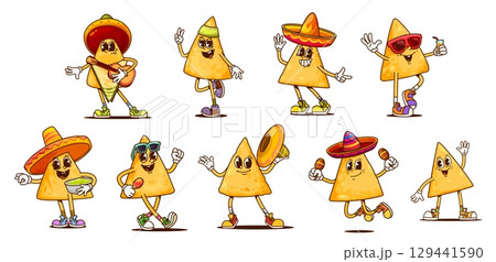 Groovy mexican nachos chips characters at Mexico fiesta party, vector corn tortilla food. Cartoon groovy hippie nacho chips with sombrero hats, guitar, avocado guacamole, maracas and sunglasses 129441590