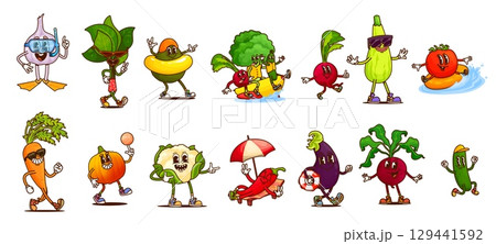 Cartoon groovy vegetable characters on summer vacation, vector travel, beach activities. Retro groovy tomato, pepper, spinach and carrot, broccoli and avocado fruits with sunglasses and beach balls Cartoon groovy vegetable characters on summer vacation, vector travel, beach activities. Retro groovy tomato, pepper, spinach and carrot, broccoli and avocado fruits with sunglasses and beach balls 129441592