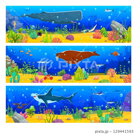 Game ocean underwater background with giant sea animals and algae seaweeds, cartoon vector. Coral reef rocks and sand with fish shoal, hammerhead shark, walrus and whale for underwater game background Game ocean underwater background with giant sea animals and algae seaweeds, cartoon vector. Coral reef rocks and sand with fish shoal, hammerhead shark, walrus and whale for underwater game background 129441593