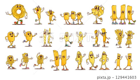 Italian pasta groovy characters. Cartoon vector anelli, cannelloni, campanelle and ditalini, farfalle, lasagna or fusilli. Conchiglie, shells, lunghi or cavatappi, pappardelle, fettucine and radiatori 129441603
