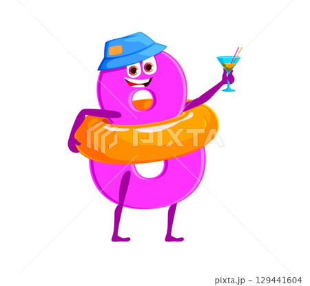 Cartoon math number character on summer vacations or beach, vector digit personage. Funny number 8 Eight with sun hat and cocktail in swimming ring tube, cartoon digit character with happy face Cartoon math number character on summer vacations or beach, vector digit personage. Funny number 8 Eight with sun hat and cocktail in swimming ring tube, cartoon digit character with happy face 129441604