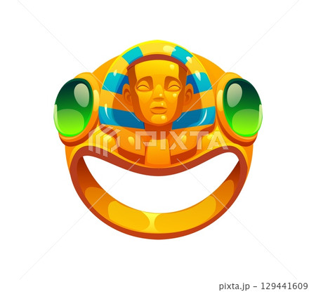 Cartoon golden ring featuring a pharaoh face flanked by vibrant green gems. Vector ancient Egypt game icon asset, vintage Egyptian symbol, treasure or magical item for historical or fantasy games 129441609