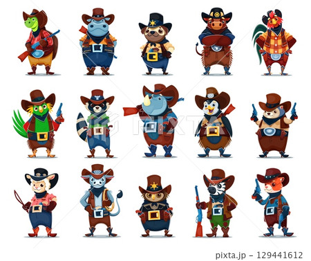 Cartoon animal cowboy, sheriff, bandit and robber characters. Vector turtle, hippopotamus, pug dog and bull, rooster, parrot and raccoon. Rhinoceros, penguin or hedgehog, sheep, owl, zebra or cat 129441612