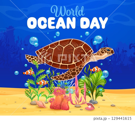 World oceans day banner with funny turtle and seaweeds. Vector underwater tortoise animal swimming in the deep sea landscape with marine vegetation and fish on sandy bottom with pearl shell and rocks World oceans day banner with funny turtle and seaweeds. Vector underwater tortoise animal swimming in the deep sea landscape with marine vegetation and fish on sandy bottom with pearl shell and rocks 129441615