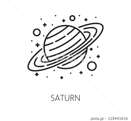 Line galaxy space icon of the planet Saturn with iconic rings and surrounding celestial bodies. Vector linear sign of solar system planet for science, astronomy, astrology, cosmos, Universe education 129441616