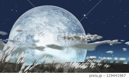 ススキの背景にぽっかりと浮かぶ満月　文字入れ用背景素材 129441967