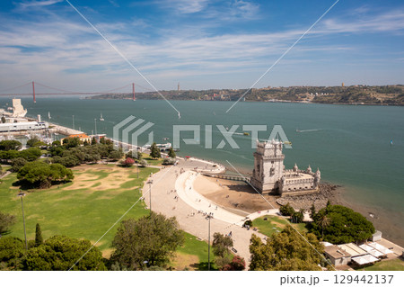Belem Tower and 25 de Abril Bridge under sky 129442137