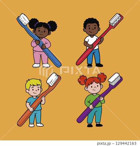 Happy kids of different ethnicities holding colorful toothbrushes. Dental health, hygiene, and care for children concept. Happy kids of different ethnicities holding colorful toothbrushes. Dental health, hygiene, and care for children concept. 129442163