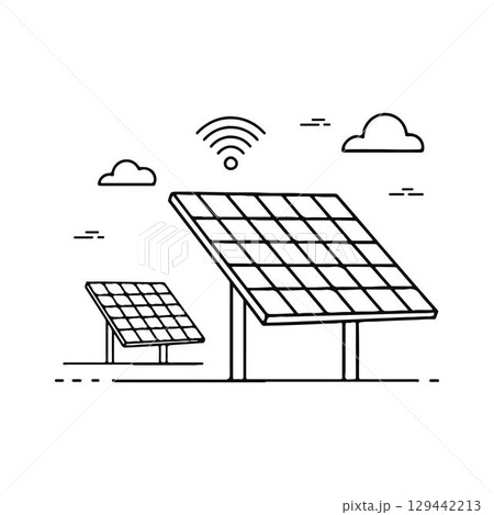Smart Solar Panel System with Wireless Connection. Solar Panels with Wi-Fi Symbol. Smart Solar Panel System with Wireless Connection. Solar Panels with Wi-Fi Symbol. 129442213