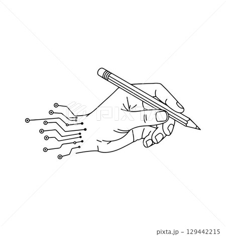 Hand with Digital Circuitry Holding Pencil. 129442215