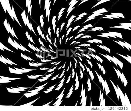 Swirled white bolt silhouettes on black background. Poster with thunderbolt signs in circular tornado arrangement. Flash, energy, danger or shock cartoon symbols. Vector graphic illustration 129442216