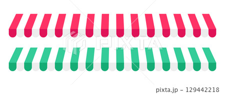 Shop awnings. Striped store canopies. Cafe tents with red, green and white stripes pattern isolated on white background. Food booth or street grocery market sunshades. Vector flat illustration Shop awnings. Striped store canopies. Cafe tents with red, green and white stripes pattern isolated on white background. Food booth or street grocery market sunshades. Vector flat illustration 129442218