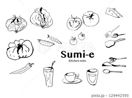 墨絵 キッチン＆野菜イラスト / Color Sumi-e kitchen&Vegetable 129442593