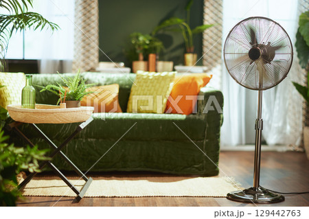 Elegant Living Room with Modern Standing Fan Elegant Living Room with Modern Standing Fan 129442763