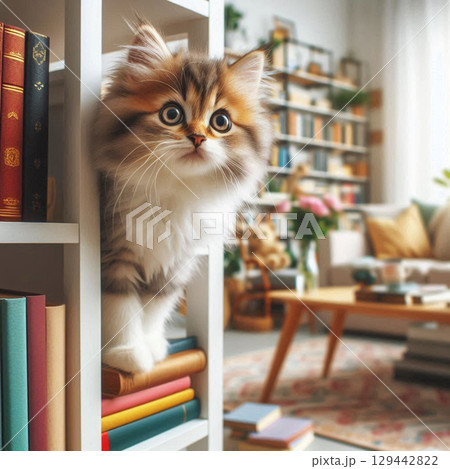 本棚から立ち上がって見つめるこにゃんこ 本棚から立ち上がって見つめるこにゃんこ 129442822