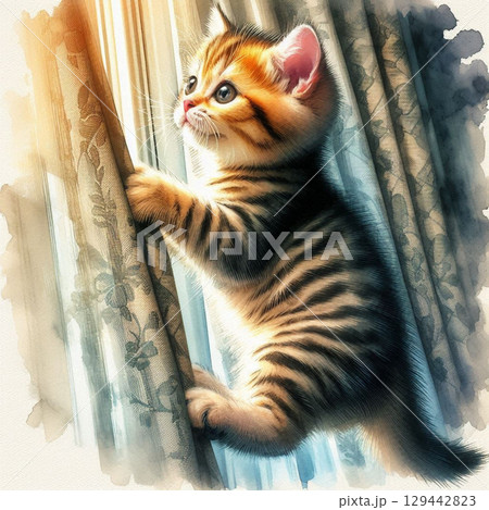 カーテンに上ったこにゃんこ 129442823