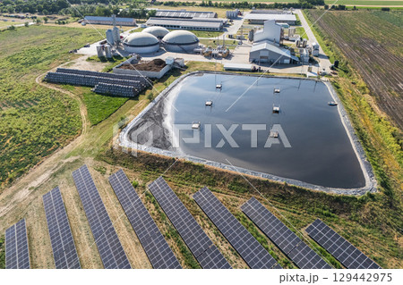 Aerial view of biogas plant using renewable energy for biomethane production. 129442975