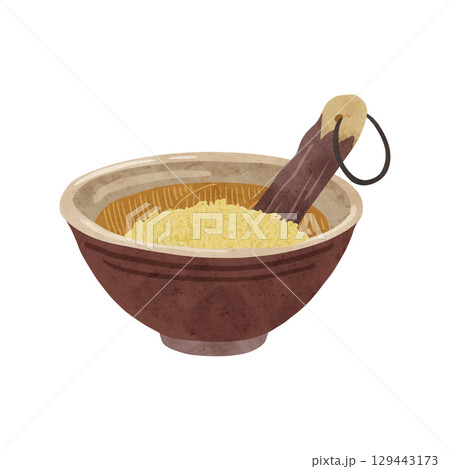 すり鉢とすりこぎ棒とすり潰した白胡麻 水彩風手描きイラスト すり鉢とすりこぎ棒とすり潰した白胡麻 水彩風手描きイラスト 129443173