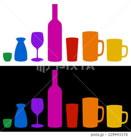 各種お酒のシルエット カラフルイラストセット 129443178