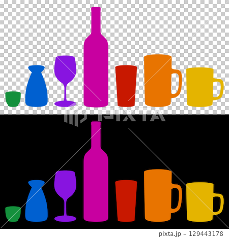 各種お酒のシルエット カラフルイラストセット 129443178