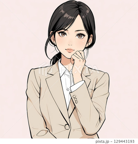 口元に手を添えて真っ直ぐ見つめるスーツ姿の女性（白背景）   129443193