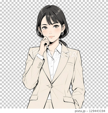 口元に手を添えて微笑むスーツ姿の女性（白背景）   129443194