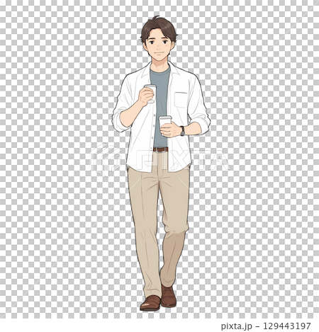Casual man walking with coffee (white background) Casual man walking with coffee (white background) 129443197