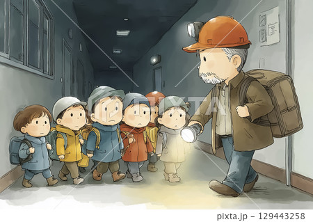 暗い廊下を先生の誘導で歩く子どもたち(避難訓練・夜間) 暗い廊下を先生の誘導で歩く子どもたち(避難訓練・夜間) 129443258