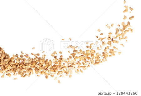 Roasted Peanut bean fly explosion group, Roasted Peanut bean float explode, abstract cloud fly. Roasted Peanut beans splash throwing in Air. White background Isolated high speed shutter, freeze motion Roasted Peanut bean fly explosion group, Roasted Peanut bean float explode, abstract cloud fly. Roasted Peanut beans splash throwing in Air. White background Isolated high speed shutter, freeze motion 129443260