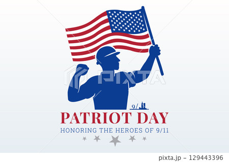 patriot day strong man holding waving usa flag 129443396