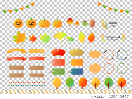 Autumn frame and decoration illustration set - speech bubbles, ribbons, autumn leaves, pumpkins, Halloween 129443447