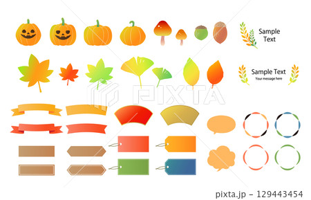 秋のフレームと飾りのイラスト素材セット　吹き出し_リボン_紅葉_かぼちゃ_ハロウィーン 129443454