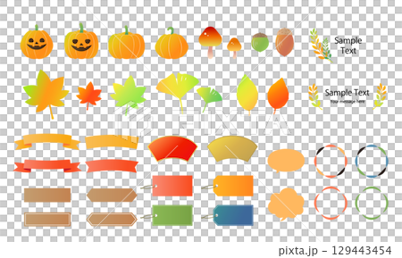 秋のフレームと飾りのイラスト素材セット　吹き出し_リボン_紅葉_かぼちゃ_ハロウィーン 129443454