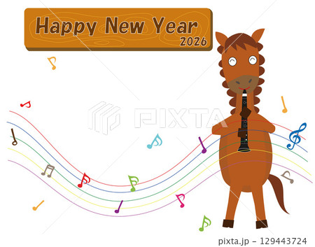 2026年の年賀状のイラスト素材。馬が楽器を演奏して新年を祝っている。 129443724