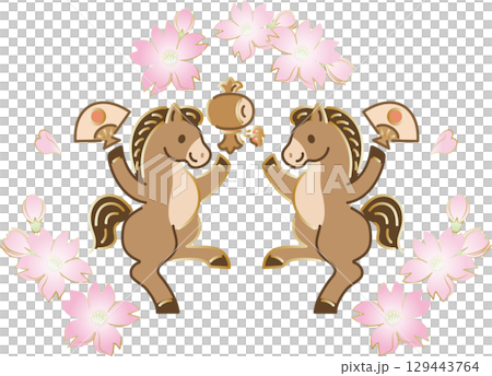 Horse, Horse, Cherry Blossom, Year of the Horse, Year of the Horse, Horse, Animal, Icon, New Year, Spring, New Year, Japanese Style, Cute, Decoration, Illustration Material 129443764
