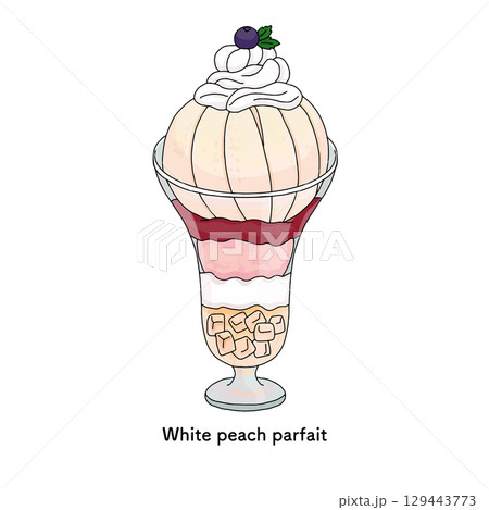 岡山名物 白桃のクリームパフェ 線画のイラスト 岡山名物 白桃のクリームパフェ 線画のイラスト 129443773