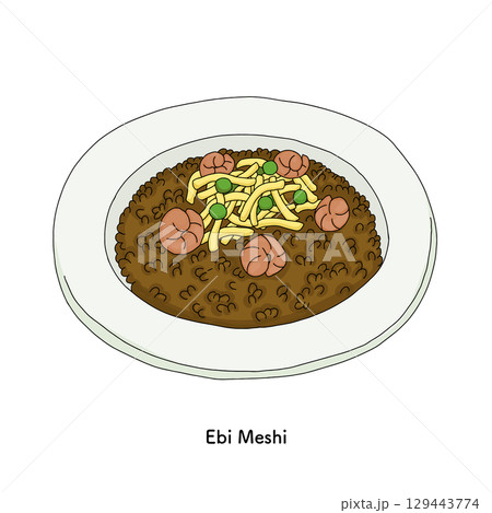 岡山名物 えび飯のイラスト_線画 岡山名物 えび飯のイラスト_線画 129443774