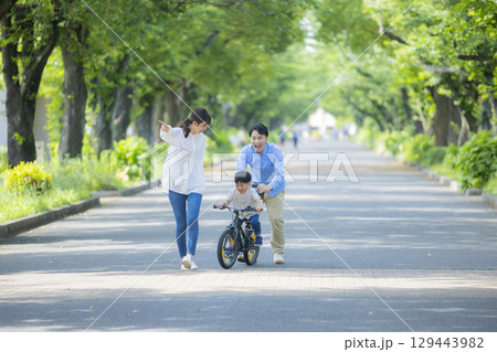 新緑の公園を歩く家族 新緑の公園を歩く家族 129443982
