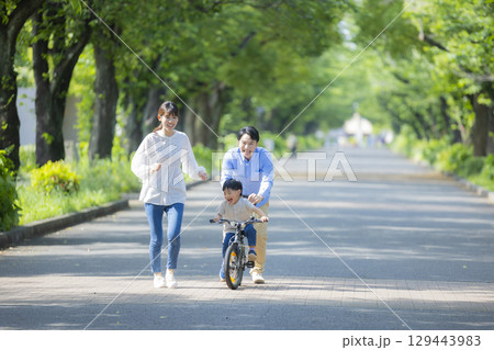 新緑の公園を歩く家族   129443983