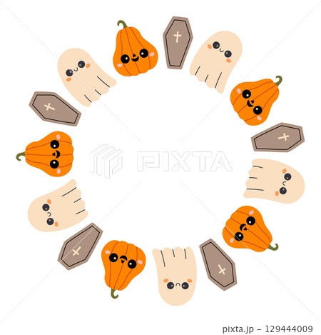 Simple Halloween circle frame. Cute Halloween frame border on white background. The round vector design with soft colors, perfect for spooky autumn decorations, banners, stickers, ads, sale. Simple Halloween circle frame. Cute Halloween frame border on white background. The round vector design with soft colors, perfect for spooky autumn decorations, banners, stickers, ads, sale. 129444009