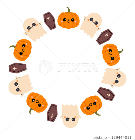 Simple Halloween circle frame. Cute Halloween frame border on white background. The round vector design with soft colors, perfect for spooky autumn decorations, banners, stickers, ads, sale. Simple Halloween circle frame. Cute Halloween frame border on white background. The round vector design with soft colors, perfect for spooky autumn decorations, banners, stickers, ads, sale. 129444011