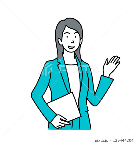 イラスト素材: 笑顔で手で指し示すスーツ姿の女性ビジネスパーソン ベクター イラスト素材: 笑顔で手で指し示すスーツ姿の女性ビジネスパーソン ベクター 129444204