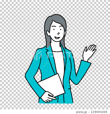 イラスト素材: 笑顔で手で指し示すスーツ姿の女性ビジネスパーソン ベクター イラスト素材: 笑顔で手で指し示すスーツ姿の女性ビジネスパーソン ベクター 129444204