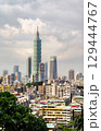 An elevated view of the Taipei city skyline, featuring the famous Taipei 101 tower and surrounding urban landscape against a cloudy sky in Taiwan 129444767