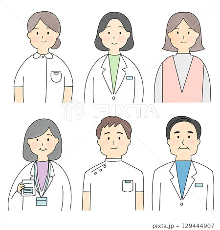 患者・医師・看護師・薬剤師の上半身イラストセット 129444907