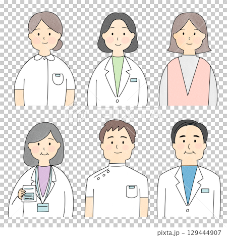 患者・医師・看護師・薬剤師の上半身イラストセット 129444907