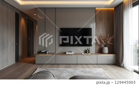 Modern Room With Modular Wall Structure And Gold Lines Modern Room With Modular Wall Structure And Gold Lines 129445003